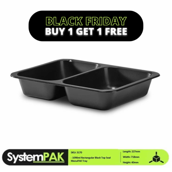 227x178x40mm 1090ml  Black Rectangular Trays - 2 Cavity