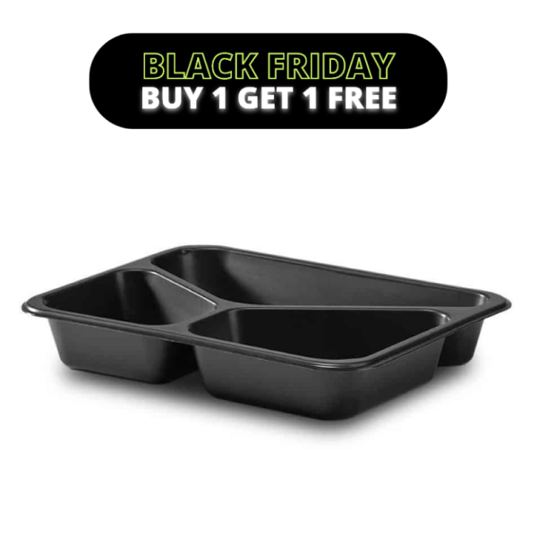 227x178x40mm 955ml  Black Rectangular Trays - 3 Cavity