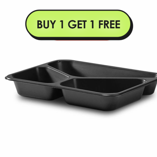 227x178x40mm 955ml Black Rectangular Trays - 3 Cavity